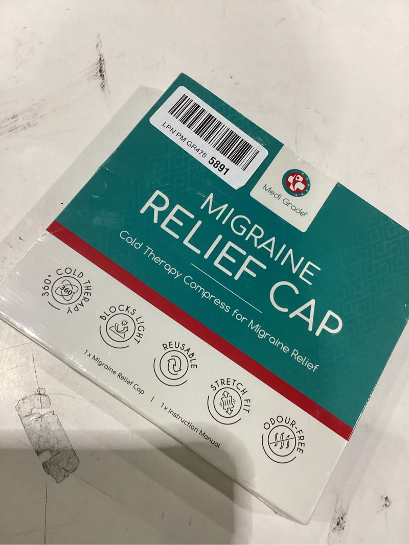 Condition photo showing Good Condition for medi grade migraine relief cap - cooling compression headache relief cap with full coverage - soft flexible fabric gel migraine cap that blocks light, reusable migraine mask for cold therapy blue