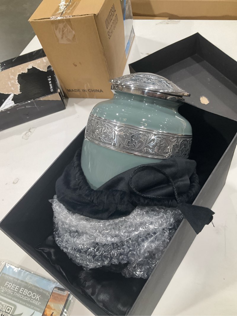 Condition photo showing Good Condition for set of 5 stunning cremation urns for human ashes adult female or male - hand engraved cremation urn set of 5 with 1 large urn for ashes with 4 matching mini urns, funnels & bags (olive rest color) 5 piece set