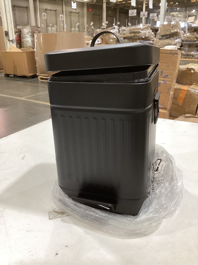 Condition photo showing As Is for ceroelda small trash can with lid-5l/1.3 gal,stainless steel outdoor dog poop garbage can-farmhouse retro metal waste bin w/step pedal for bathroom bedroom office-soft close-black black 1.3 gallons