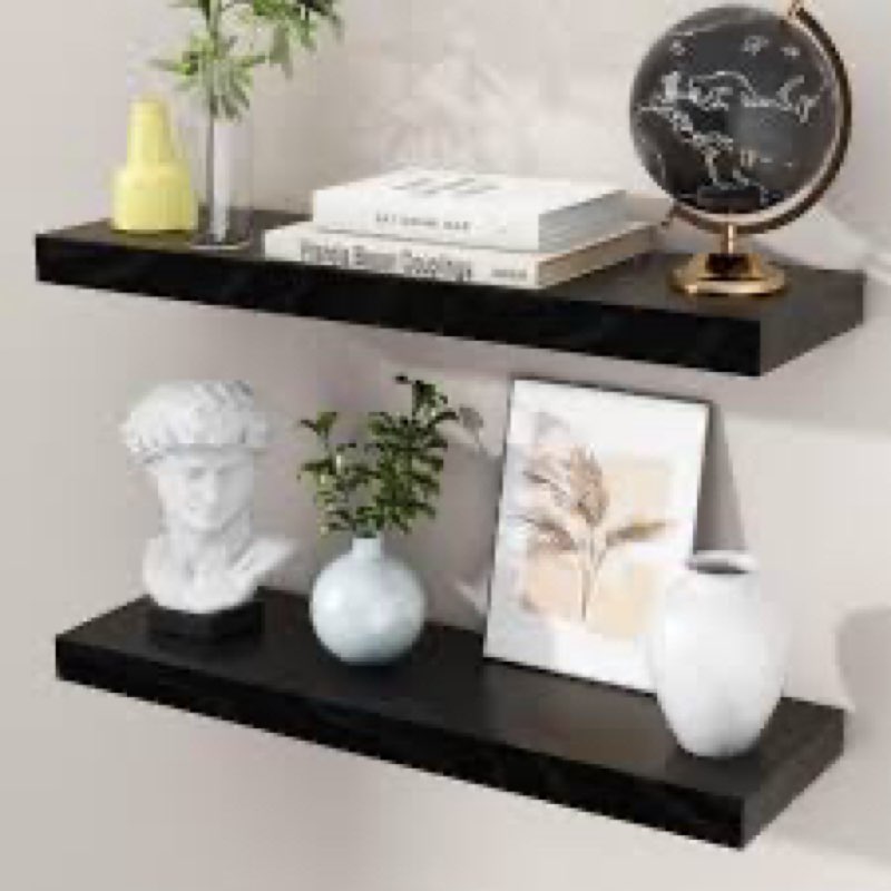 KYIAANY Black Floating Shelves for Wall: Solid Wood Shelf Heavy Duty Set of 2 Modern Minimalist Indu