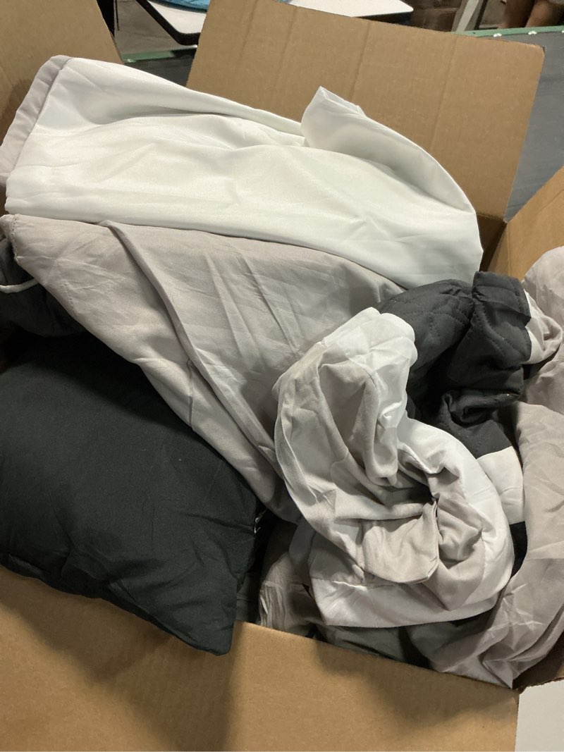 Condition photo showing As Is for chezmoi collection upland 7-piece quilted patchwork comforter set, black/gray/light gray, queen queen black/gray/light gray