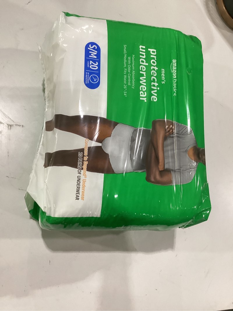 Condition photo showing New/Like New for amazon basics maximum absorbency incontinence underwear for men with leak protection, dri-fit technology, odor control, cotton enhanced, small/medium, 20 count small/medium 20.0
