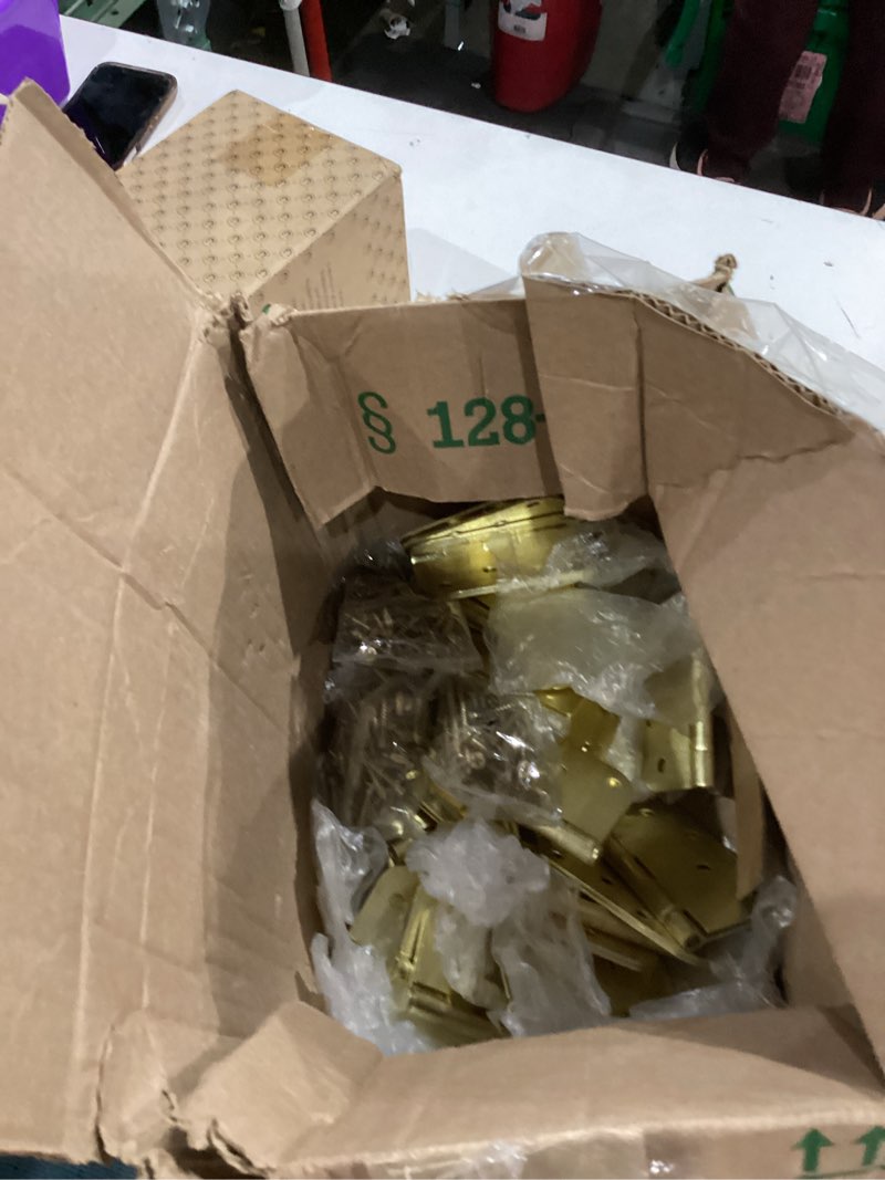 Condition photo showing As Is for 4" X 4" Satin Brass Door Hinges – 36 Pack Gold Door Hinges with 5/8" Radius, Rounded Interior Heavy Duty 4 Inch Exterior & Front Door Hinge for Residential Use 36 Pack Satin Brass-Rounded
