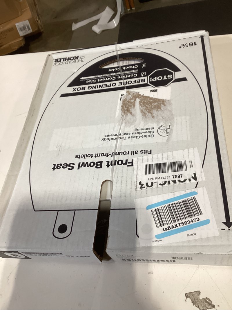 Condition photo showing New/Like New for kohler 20111-0 brevia, slow close toilet seat, round toilet seat, grip-tight bumpers quick-attach hardware, white