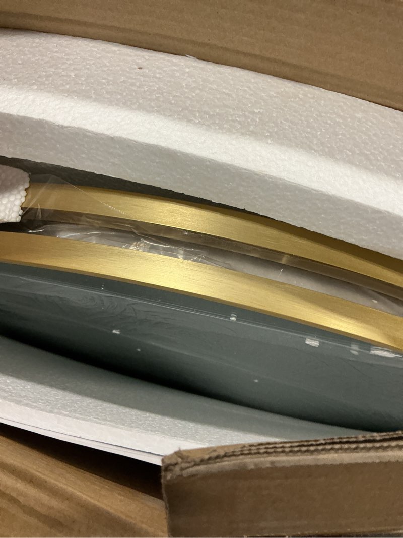 Condition photo showing New/Like New for vanity bathroom mirror for wall, 2 pack 36”x24” arched bathroom mirror for over sink, arched metal frame for bedroom, living room, entryway, hanging or leaning, gold gold 36"l x 24"w-2pcs