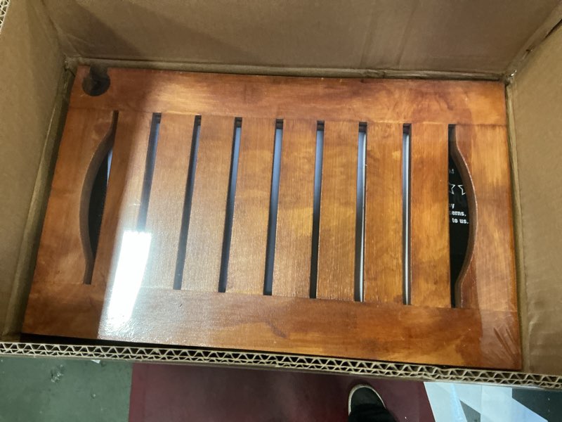 Condition photo showing New/Like New for Bamboo Shower Bench with Storage Shelf – Waterproof Bamboo Shower Bench for Inside Shower, Spa and Outdoor Use with 370 lbs Capacity Includes Bath Mat Puff and Manual