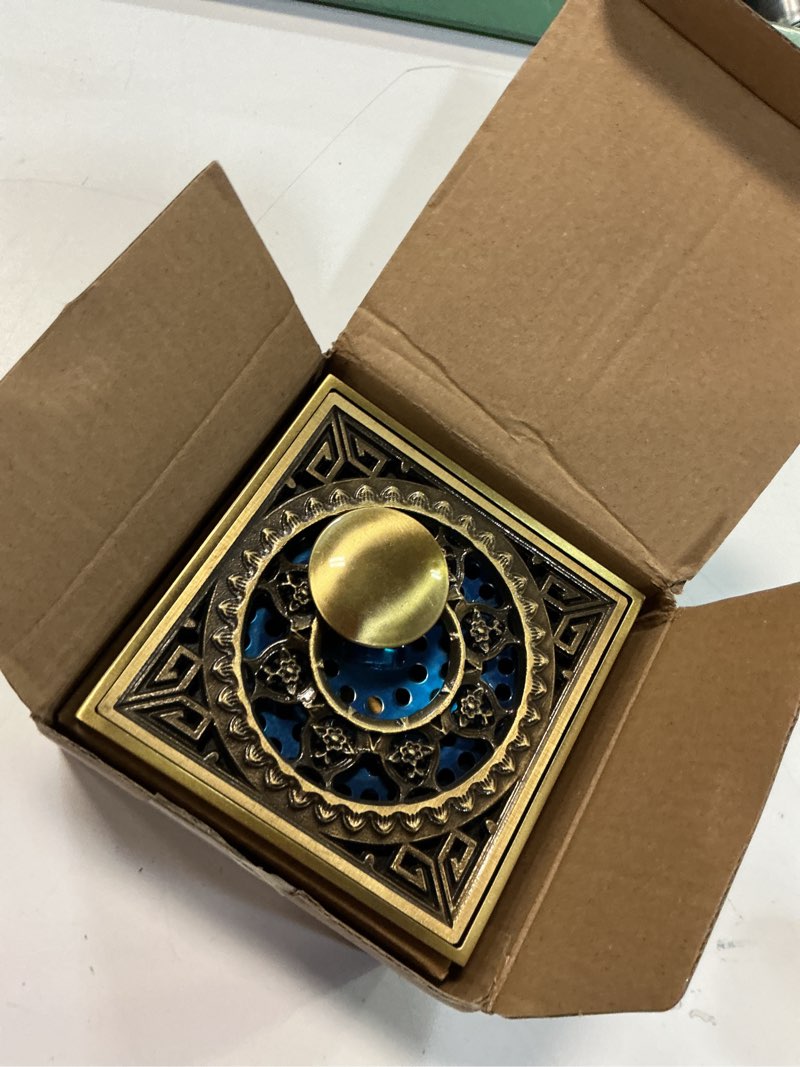 Condition photo showing Good Condition for oukens floor drain, 4inch square antique brass shower floor drain hair catcher with removable grate cover, odor proof & anti clog copper floor drain for bathroom