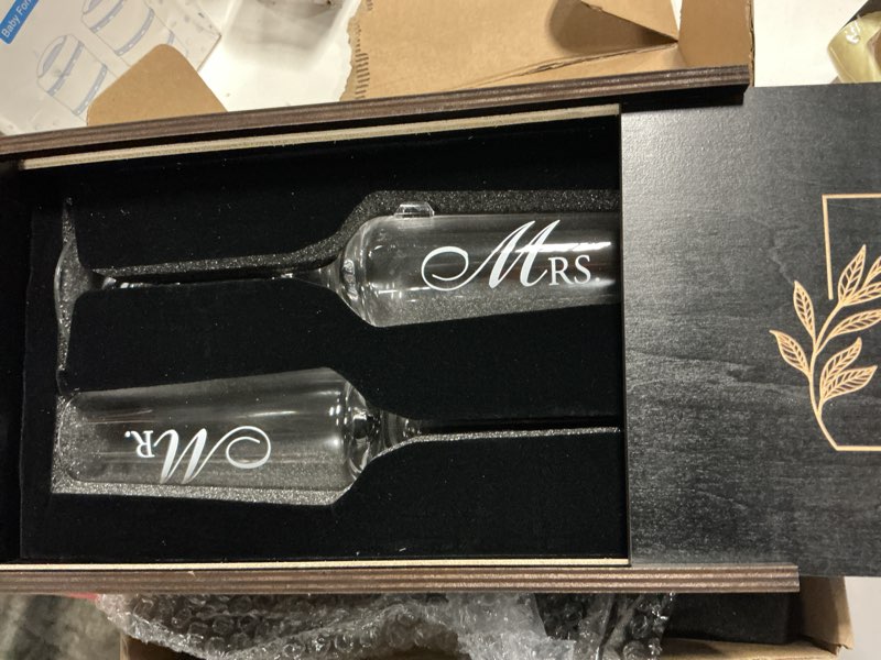 Condition photo showing Good Condition for aw bridal mr mrs gifts wedding champagne flutes, engagement gift for couple | bride and groom champagne glasses, bridal shower gifts for bride to be, newlyweds, wedding glasses with wood keepsake box