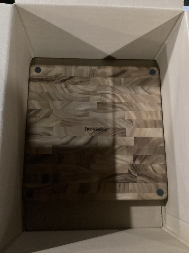 Condition photo showing New/Like New for ironwood gourmet 28218 square charleston end grain chef's board , acacia wood 14" square 14"l x 14"w board