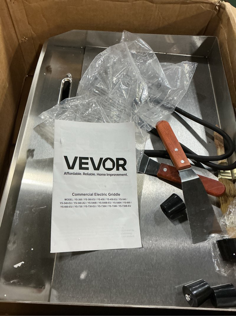 Condition photo showing As Is for VEVOR Commercial Electric Griddle, 22", 1600W Countertop Flat Top Griddle, Stainless Steel Teppanyaki Grill w/Iron Cooking Plate, 122-572? Adjustable Temp Control 2 Shovels & Brushes, 110V 22 inch