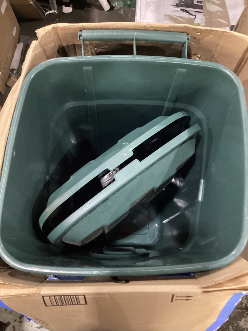 Condition photo showing Good Condition for ecosolution 32 gallon wheeled outdoor garbage can with attached snap lock lid and heavy-duty handles, eco green, heavy-duty construction, perfect back yard, deck, or garage trash can, pack of 2 eco green 32 gallon - 2 pack wheeled garbage can