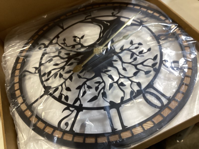 Condition photo showing Good Condition for wall clock,20" large wall clock for living room decor,tree of life and wooden frame design,non-ticking battery operated,for dining room,bedroom,kitchen,office arabic decoration black arab 20 inch