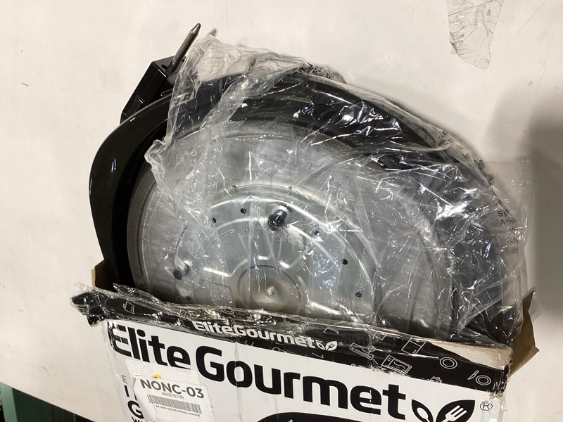 Condition photo showing As Is for elite gourmet emg-980bx large indoor electric round nonstick grill cool touch fast heat up ideal low-fat meals dishwasher safe includes glass lid, 14", black granite