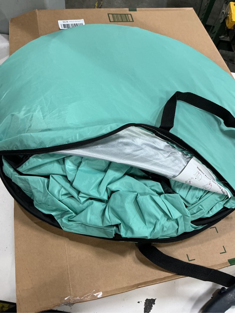 Condition photo showing As Is for tobtos upf 50+ pop up beach tent, easy set up beach umbrella, sun shelter for 2-3 people uv protection portable sunshade, baby canopy cabana, lightweight with carry bag mint green for 3-4 person