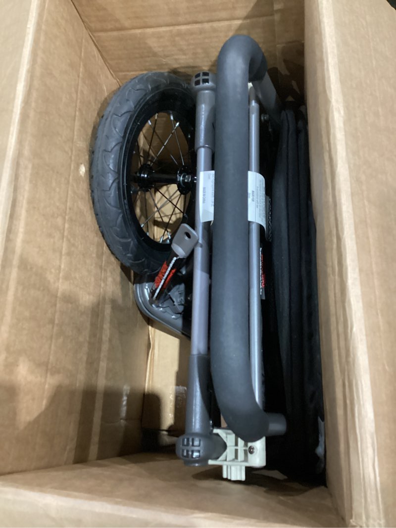 Condition photo showing Good Condition for joovy zoom360 ultralight jogging stroller featuring high child seat, shock-absorbing suspension, extra-large air-filled tires, parent organizer, air pump, and easy one-hand fold (black) black black