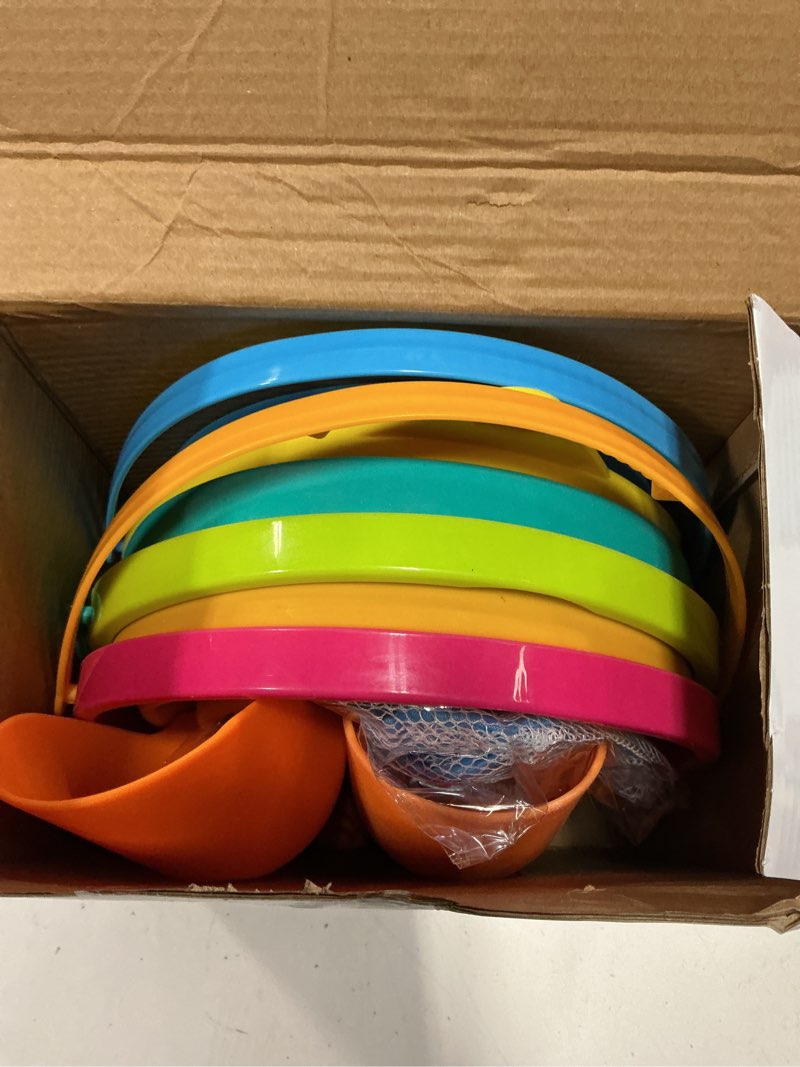 Condition photo showing Good Condition for joyin 3 packs foldable pail bucket with shovels & mesh bag, collapsible buckets multi purpose for beach, camping gear, beach party, fishing, and fun summer activities (yellow/blue/green)