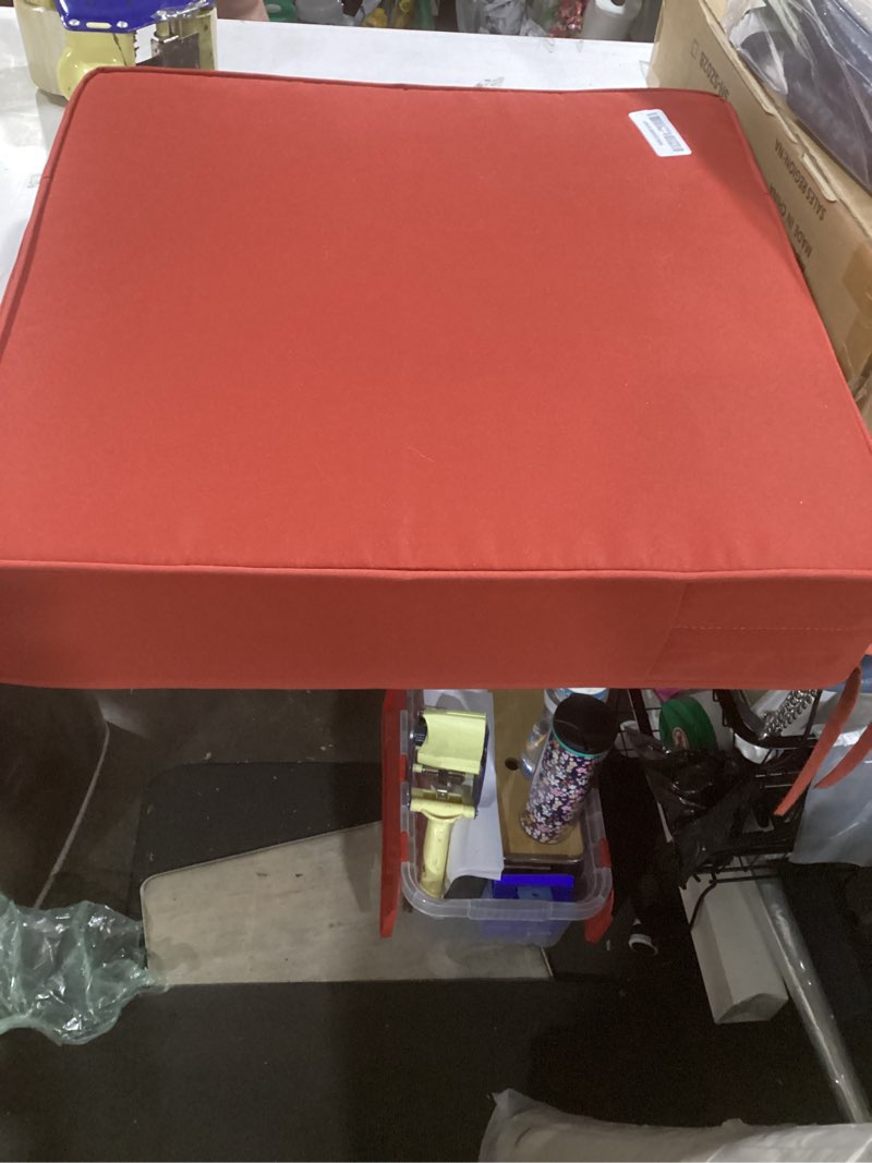 Condition photo showing As Is for (qty 1 ) outdoor chair cushion 19 x 19 x 4 inches patio furniture outdoor waterproof seat cushion, patio chair cushion with handles and ties, square dining chair cushion terra red 19×19×4 in terra red