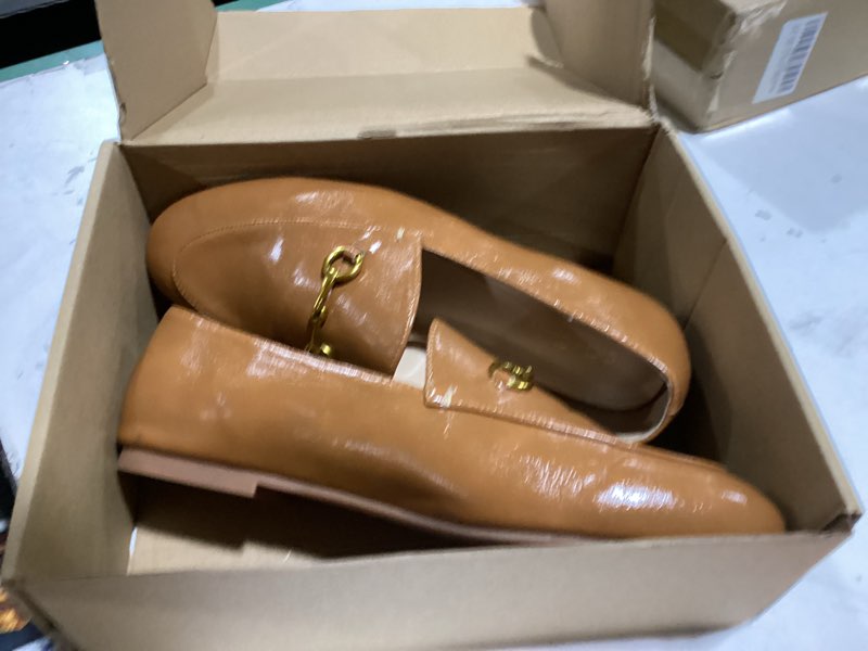 Condition photo showing As Is for women's classic bit loafers – structured faux leather business work flats, comfortable slip on dress shoes with gold metal buckle (updated true size) 9 camel?sizing updated?