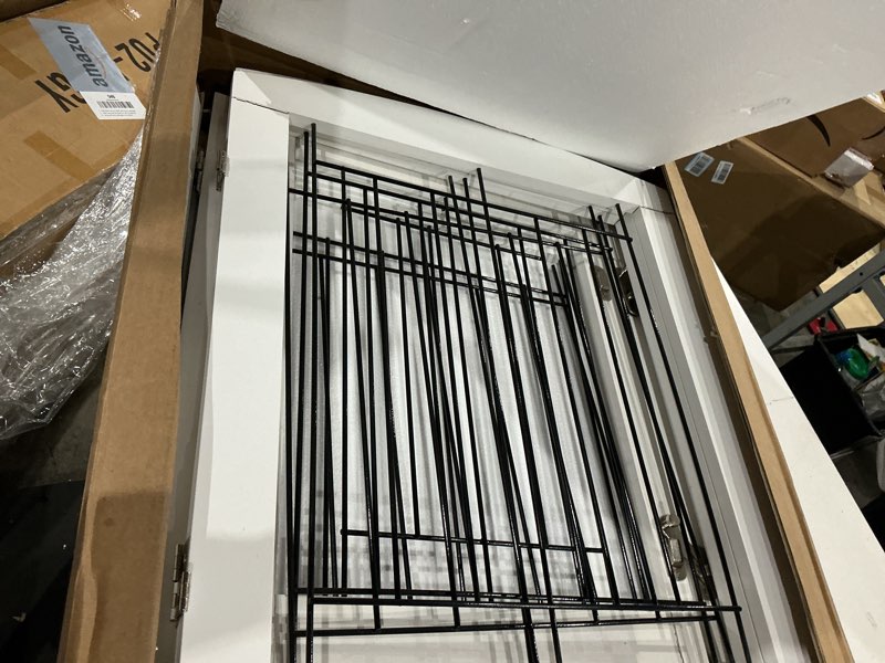 Condition photo showing As Is for pawland 6 panels dog gate indoor with walk through door, foldable freestanding pet gate for doorways, stairs, the houes, pet puppy safety fence, 120 in extra wide, support feet included, white white ?6 panels with door?80"w x 24"h