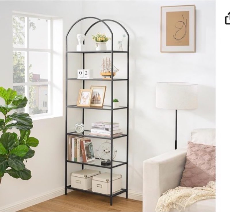 Homhedy Bookshelf Arched Display Racks,Metal Bookcase,Tempered Glass Shelves,Storage Rack Shelf for Home Office,Living Room,Bedroom, Bathroom,Modern Style (Black, 11.8" D x 23.6" W x 73.6" H)