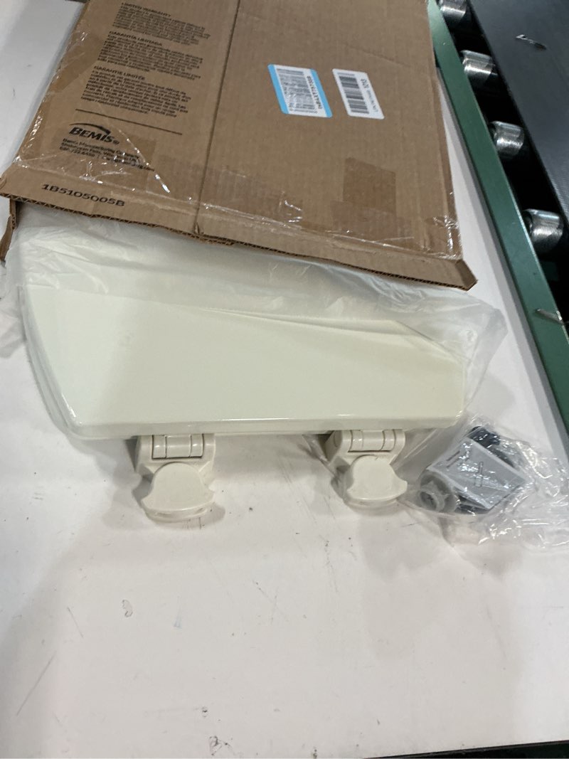 Condition photo showing As Is for Bemis Elongated Enameled Wood Toilet Seat in Biscuit with Easy•Clean? Hinge