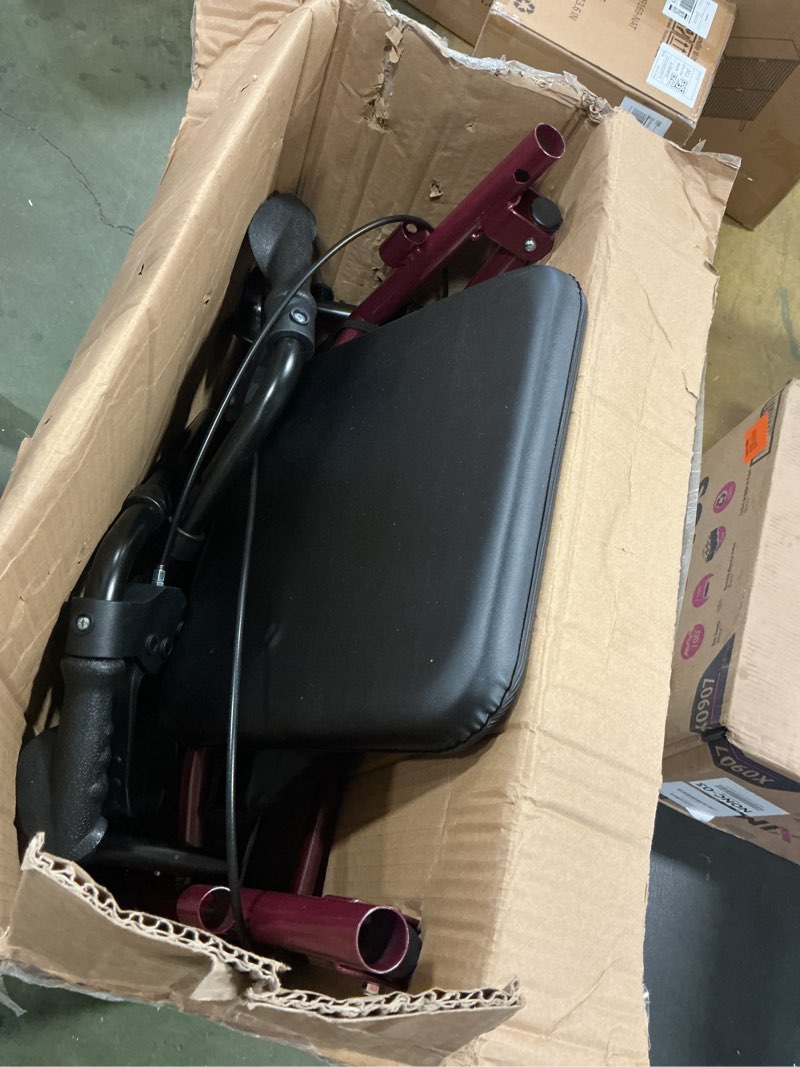 Condition photo showing As Is for Medline Steel Rollator Walker for Adult Mobility Impairment, Burgundy, 350 lb. Weight Capacity, 6” W