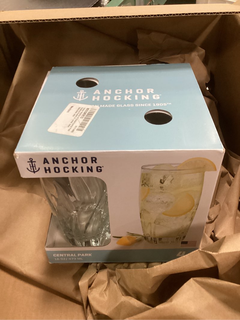 Condition photo showing New/Like New for Anchor Hocking 16 Ounce Central Park Drinking Glasses (4-piece, clear, dishwasher safe)