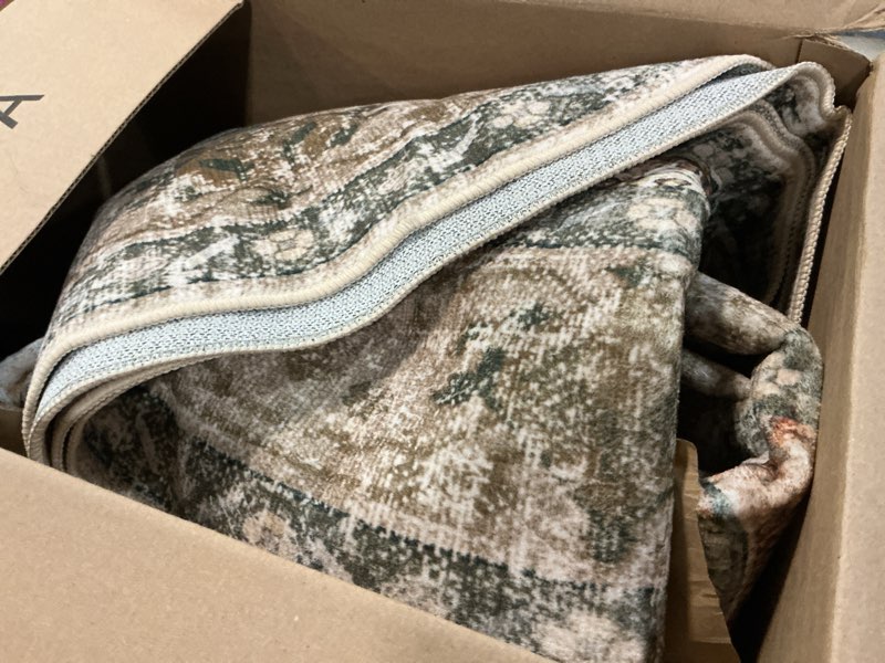 Condition photo showing Good Condition for releany area rugs round 7ft washable non-slip, floral vintage distress print pattern medallion carpet for living room bedroom dining room, brick red rust neutral brown burnt orange green brick/brown/green 7' (round)