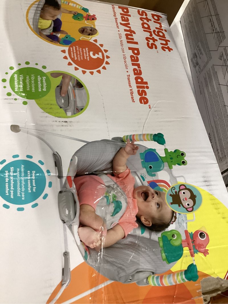 Condition photo showing Good Condition for bright starts playful paradise comfy baby bouncer seat with soothing vibration and toys, unisex, 0-6 months