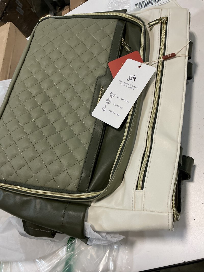 Condition photo showing New/Like New for LOVEVOOK Teacher Tote Bag with Accordion File Pocket, Soft PU Leather Work Briefcase Quilted Laptop Bag with Large Cup Holder 15.6 inch Cream Green