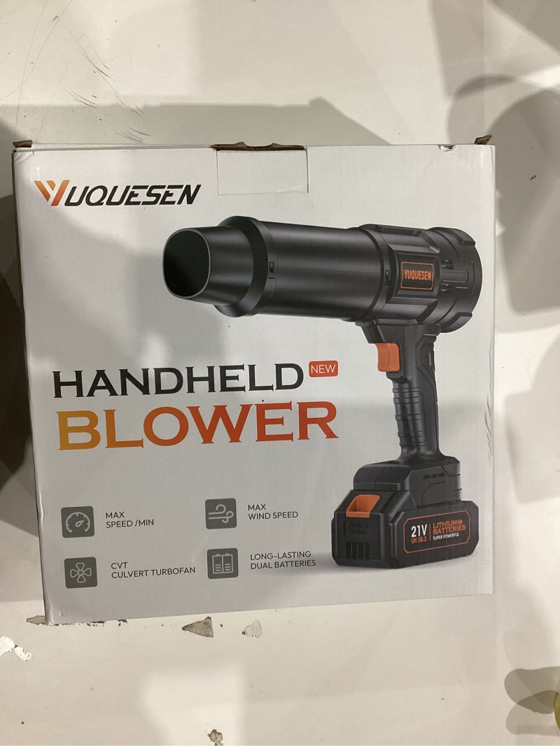 Condition photo showing As Is for 990,000 RPM Cordless Leaf Blower - 21V Electric Handheld Leaf Blower with 2×4.0Ah Batteries & Fast Charger - Lightweight for Patio, Lawn, Yard, Deck Cleaning - Dark