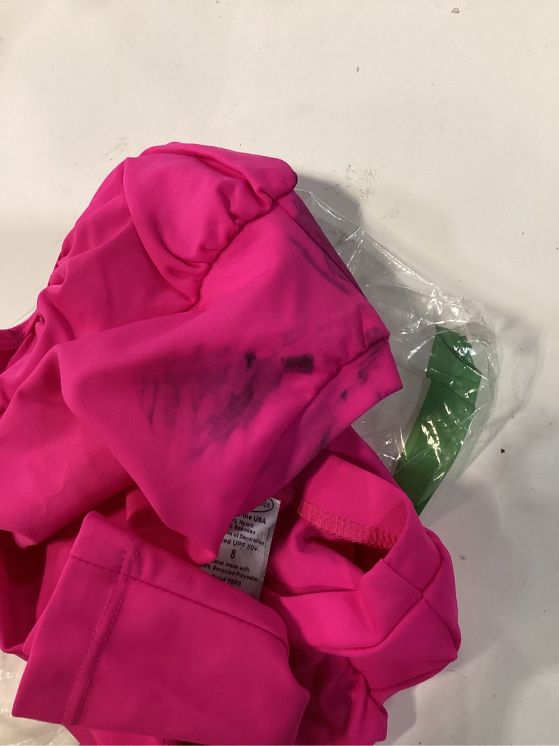 Condition photo showing As Is for made in usa girls' puff short sleeve rashguard swimming shirt 8 hot pink