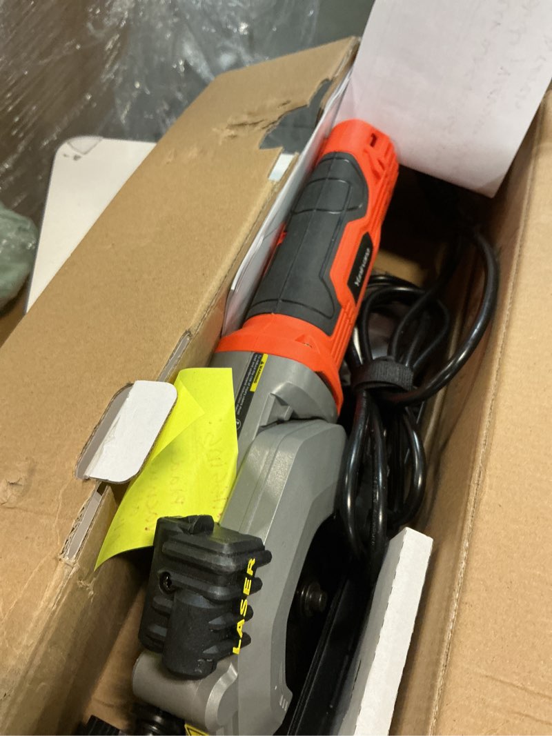 Condition photo showing As Is for 4Amp 3500RPM Mini Circular Saw with Laser Guide, Vacuum Adapter, Blade Wrench and Rip Guide, Max. Cutting Depth1-5/8"(90°), 1-1/10"(45°?Compact Saw with 2 pcs 4-1/2" 24T TCT Blades 4A Circular Saw