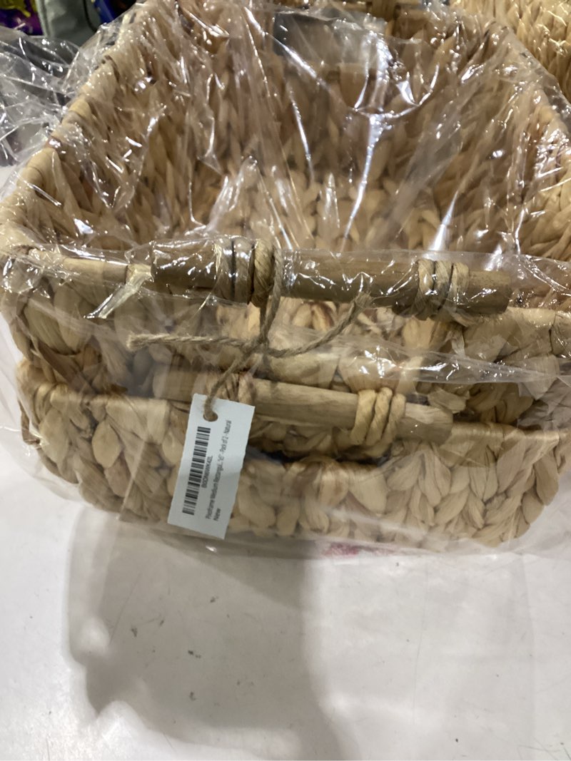 Condition photo showing New/Like New for medium rectangular handwoven wicker basket - water hyacinth storage baskets with 2 polished wooden handles for store hand towel, fruits & veggies etc – 10.75"x15.25"x5" - pack of 2 - natural