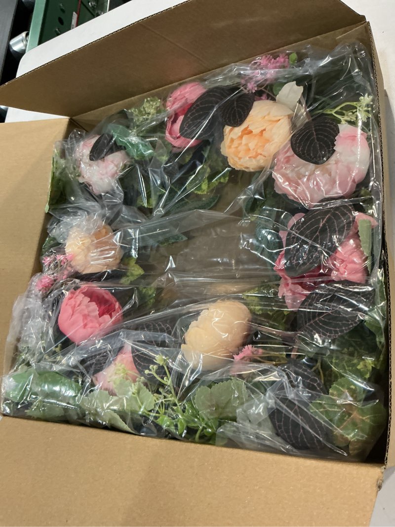 Condition photo showing New/Like New for 20" peony wreath for front door – spring summer artificial pink peony floral wreath for wall, window, and wedding decor