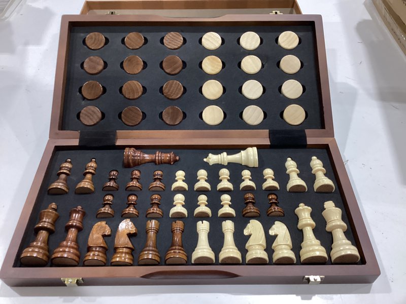 Condition photo showing Good Condition for amerous magnetic wooden chess and checkers game set, 15 inches (2 in 1) chess board games, 2 extra queens - gift package - game pieces storage slots, beginner chess set for kids, adults