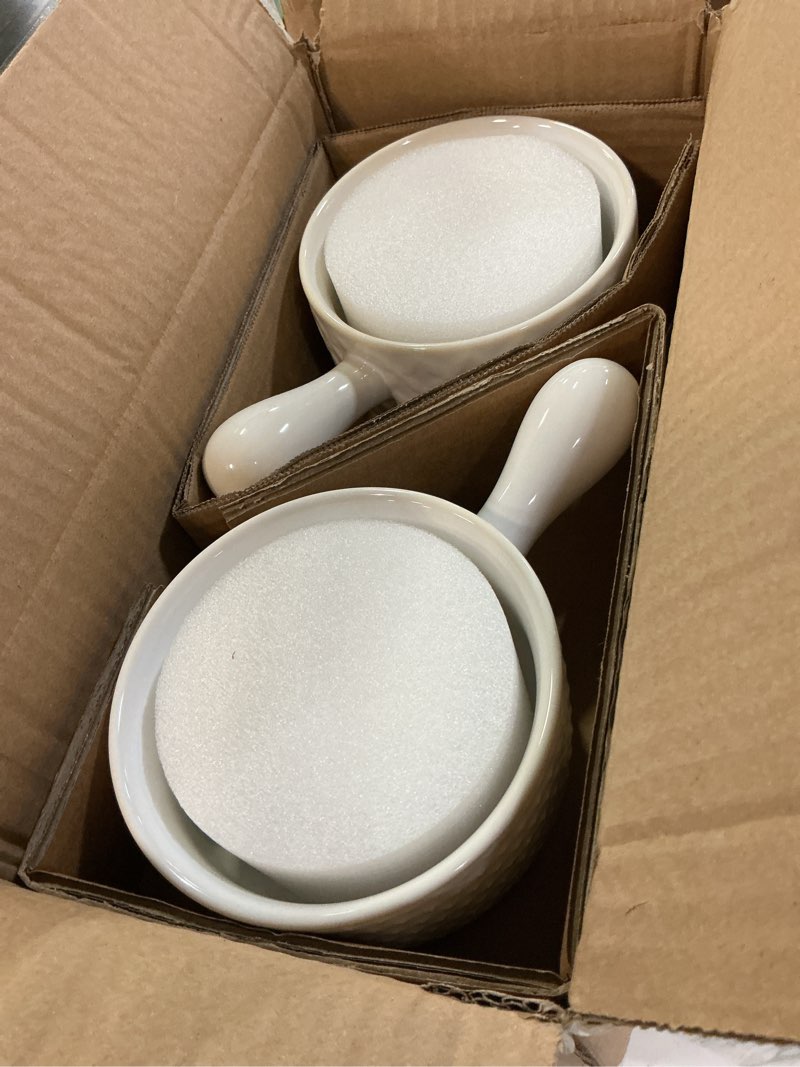 Condition photo showing New/Like New for fobenta 20oz ceramic soup bowls with handle, set of 4,textured embossed stoneware for chili, stew, cereal,microwave & dishwasher safe, rustic dinner bowls for home kitchen arctic white 20 oz-single handle