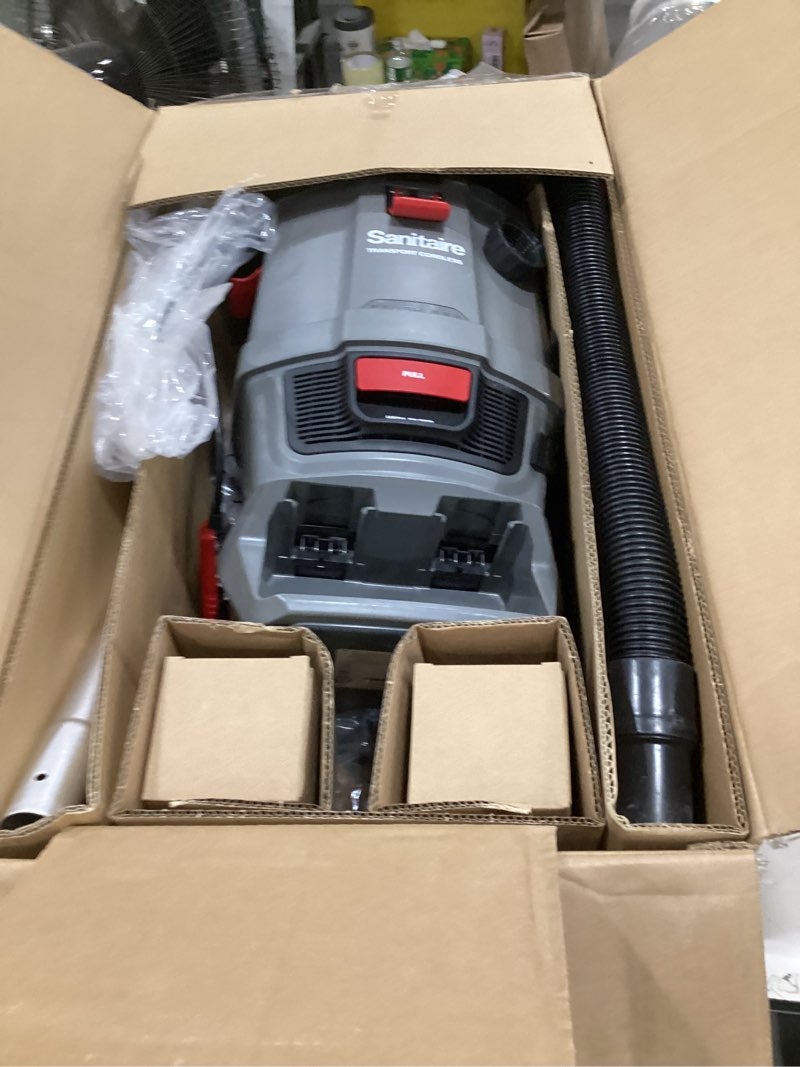 Condition photo showing As Is for sanitaire transport commercial cordless backpack vacuum with adjustable wand, dual 24v batteries, handheld controls, sc580a. gray sanitaire transport backpack vacuum