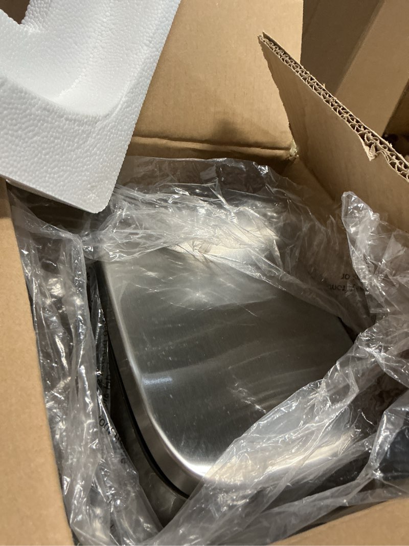 Condition photo showing Good Condition for Amazon Basics Smudge Resistant Mini Rectangular Trash Can With Soft-Close Foot Pedal, Brushed Stainless Steel, for Bathroom & small space, 5L/1.32 Gal, 7.3x8.5x11.8 in, Satin Nickel Finish Satin Nickel Mini, 5L/1.32 Gal