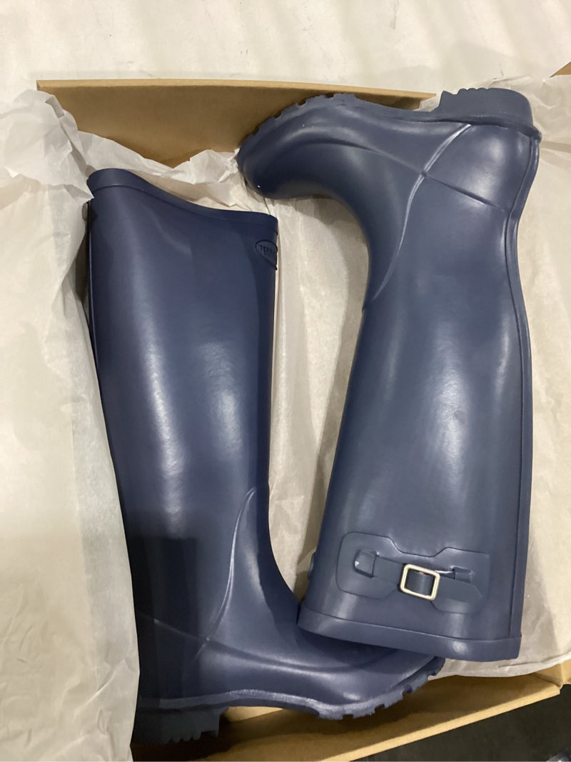 Condition photo showing New/Like New for Women's Rain Boots Waterproof Tall Knee High - Natural Rubber Wellies for Winter Snow & Slush, Arch Support Walking Shoes, Adjustable Calf with Buckle for Thick Socks Blue 6