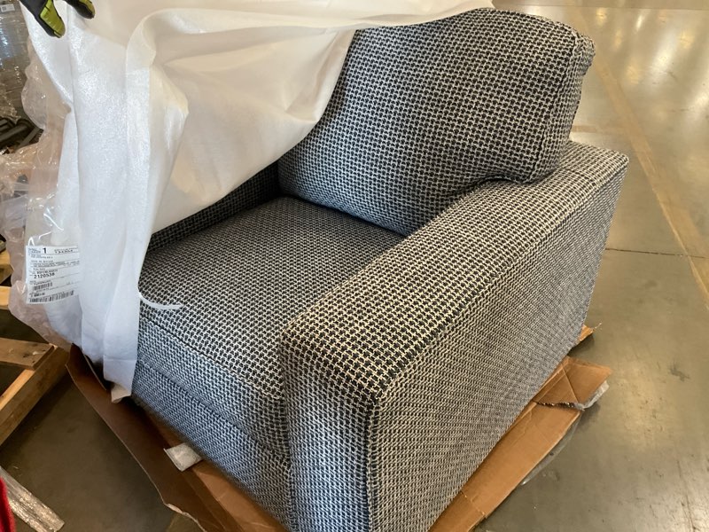 Condition photo showing Good Condition for signature design by ashley olwenburg casual swivel accent chair with track arms, metal swivel base and removable cushions, blue light gray