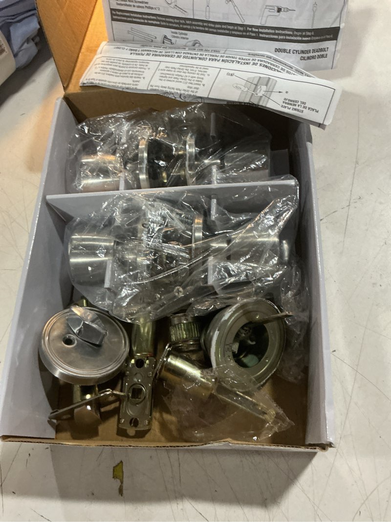 Condition photo showing As Is for hyper tough keyed entry tulip style doorknob and deadbolt double combo pack, stainless steel finish