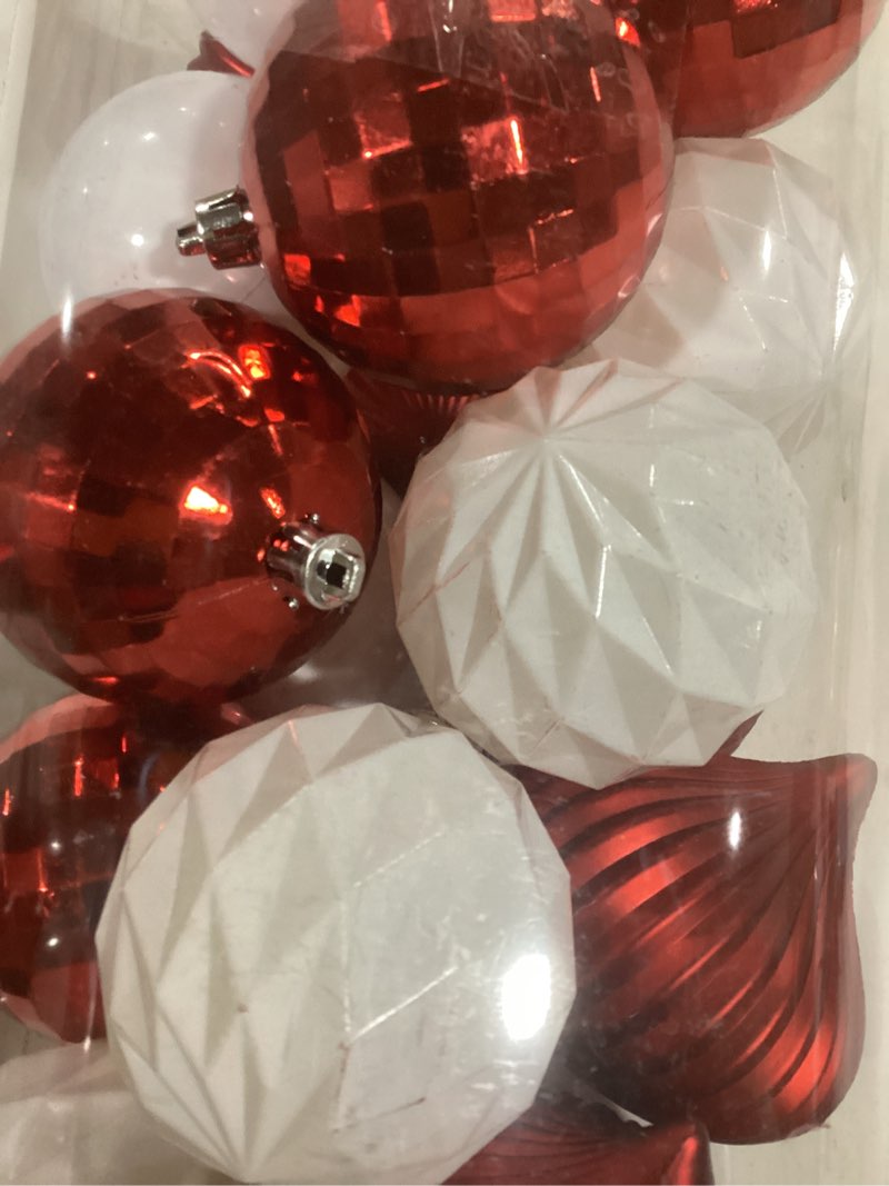 Condition photo showing Good Condition for Amooca Christmas Balls Ornaments, 28pc 2.8in/3.15in Shatterproof Matte Glittering Baubles Set Multi-Shape Xmas Tree Pendants Holiday Party Balls Decoration Red White