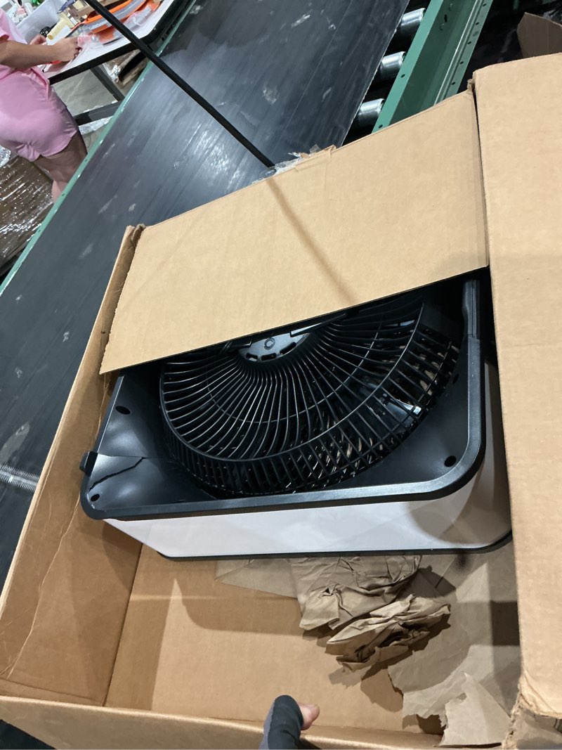 Condition photo showing As Is for vornado model 80 high velocity box fan, 20 inch, 5 speeds, powerful airflow | removable grille, whole room air circulation, targeted cooling, cord storage, durable floor fan, ice white