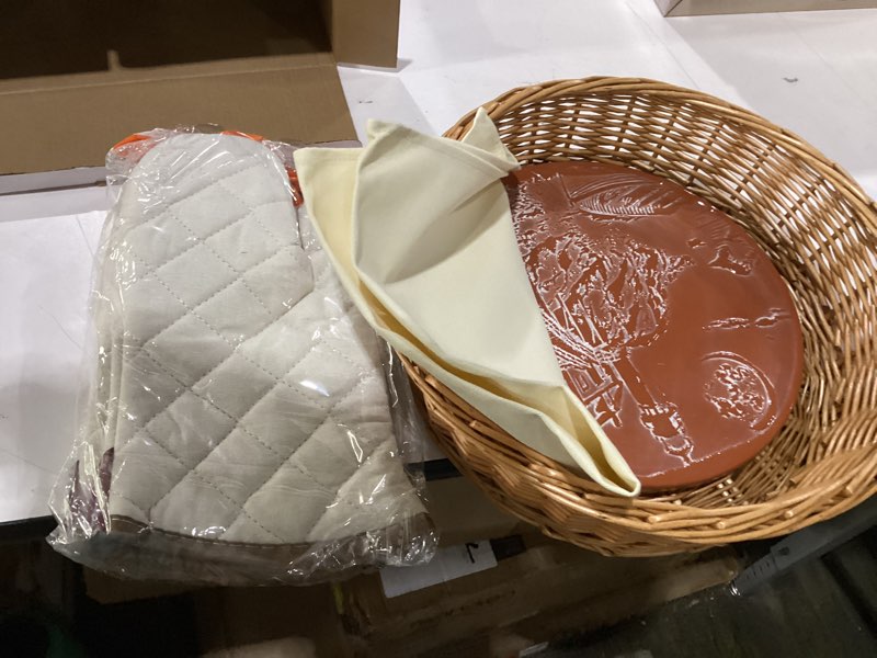 Condition photo showing New/Like New for Bread Basket with Terracotta Warming Stone, Tea Towel and Oven Mitts