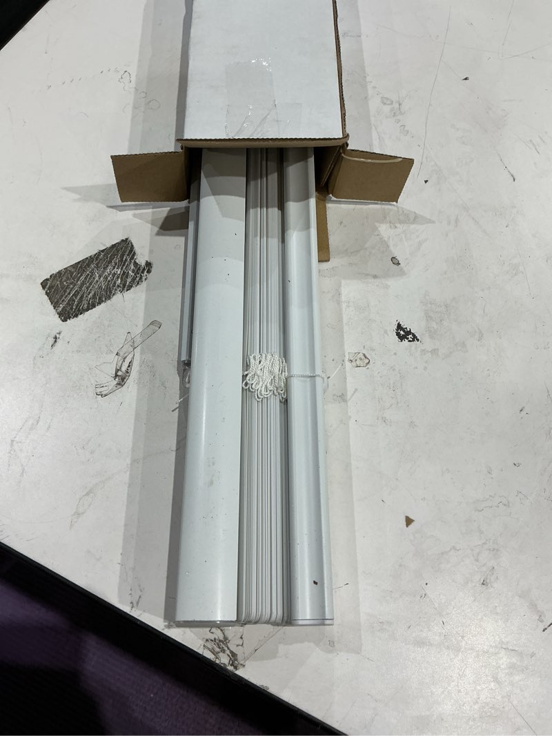 Condition photo showing As Is for project source light filtering 1-in slat width 23-in x 42-in cordless white vinyl light filtering mini-blinds