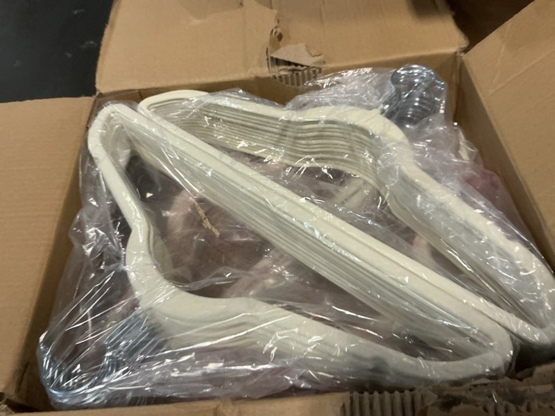 Condition photo showing New/Like New for HOUSE DAY Ivory Velvet Hangers 60 Pack, Non Slip Clothes Felt Hanger Heavy Duty for Coat, Premium Slim Space Saving Suit Hangers for Closet Organizer, 360° Rotating Silver Hook Ivory 60 Pack