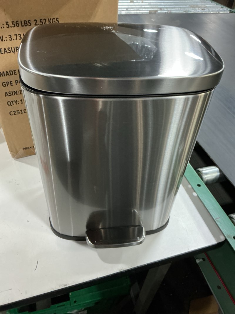 Condition photo showing New/Like New for Amazon Basics Smudge Resistant Small Rectangular Trash Can With Soft-Close Foot Pedal, Brushed Stainless Steel, 12L/3.2 Gal, 11.3x9.9x15.1 in, Satin Nickel Finish Satin Nickel Small, 12L/3.2 Gal