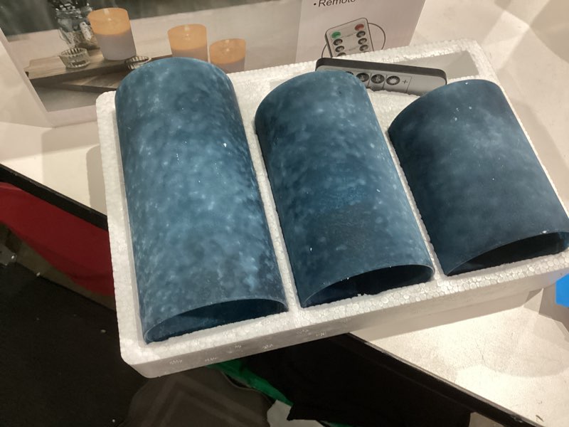 Condition photo showing Good Condition for angelloong blue flameless candles with remote, flickering led candles with timer, electric pillar candles for bathroom kitchen room home decor, sandblast blue