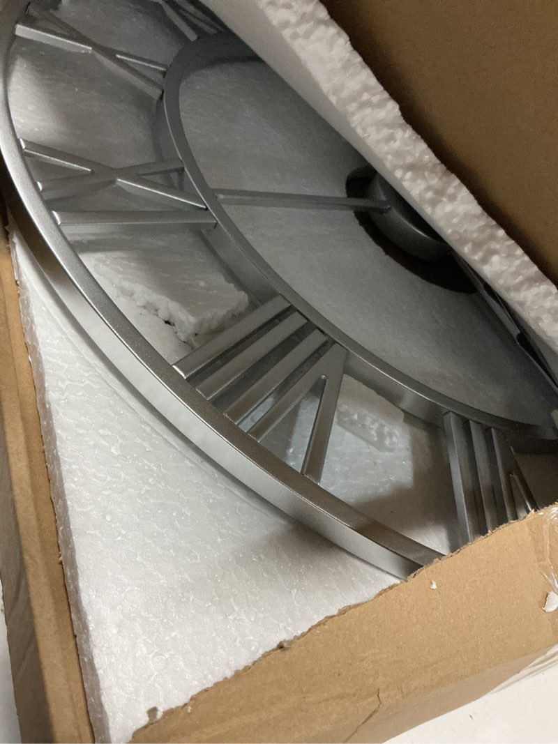 Condition photo showing Good Condition for Wall Clock For Living Room Decor - 24 Inch Silent Non-Ticking Decorative Large Wall Clock, Battery Operated Vintage Retro Roman Numerals Metal Silver Wall Clock for Farmhouse, Kitchen, Bedroom Office Silver 24inch